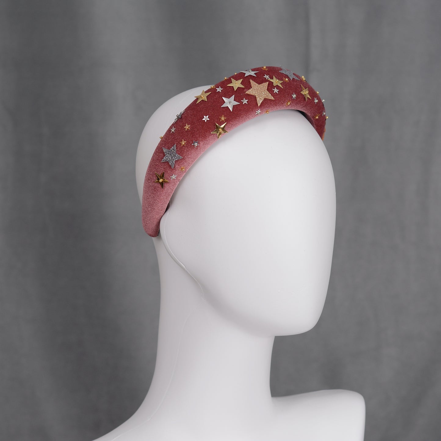 Celestial Padded Velvet Sequin Headband with Gold and Silver Stars in Navy Blue or Dusky Pink