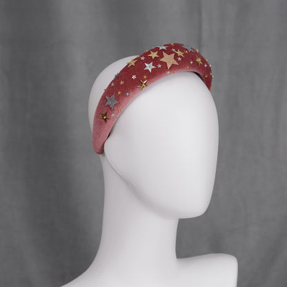 Celestial Padded Velvet Sequin Headband with Gold and Silver Stars in Navy Blue or Dusky Pink