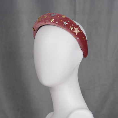 Celestial Padded Velvet Sequin Headband with Gold and Silver Stars in Navy Blue or Dusky Pink
