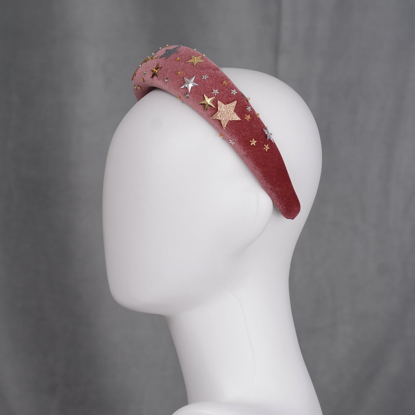 Celestial Padded Velvet Sequin Headband with Gold and Silver Stars in Navy Blue or Dusky Pink