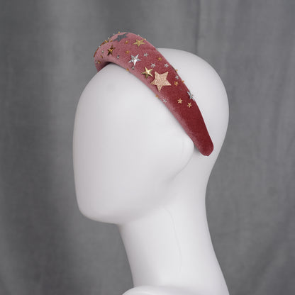 Celestial Padded Velvet Sequin Headband with Gold and Silver Stars in Navy Blue or Dusky Pink