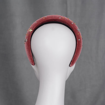 Celestial Padded Velvet Sequin Headband with Gold and Silver Stars in Navy Blue or Dusky Pink