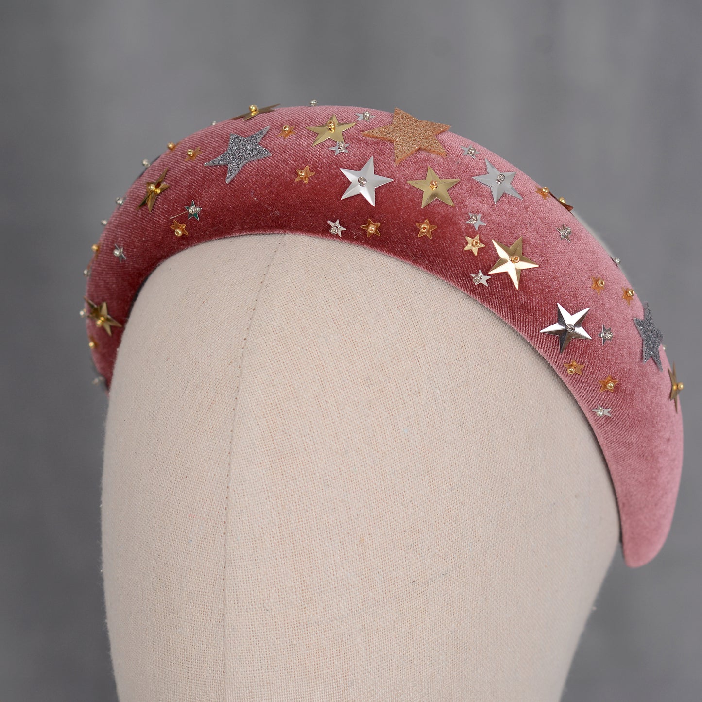 Celestial Padded Velvet Sequin Headband with Gold and Silver Stars in Navy Blue or Dusky Pink