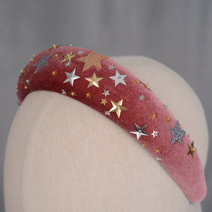 Celestial Padded Velvet Sequin Headband with Gold and Silver Stars in Navy Blue or Dusky Pink