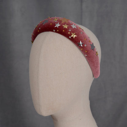 Celestial Padded Velvet Sequin Headband with Gold and Silver Stars in Navy Blue or Dusky Pink