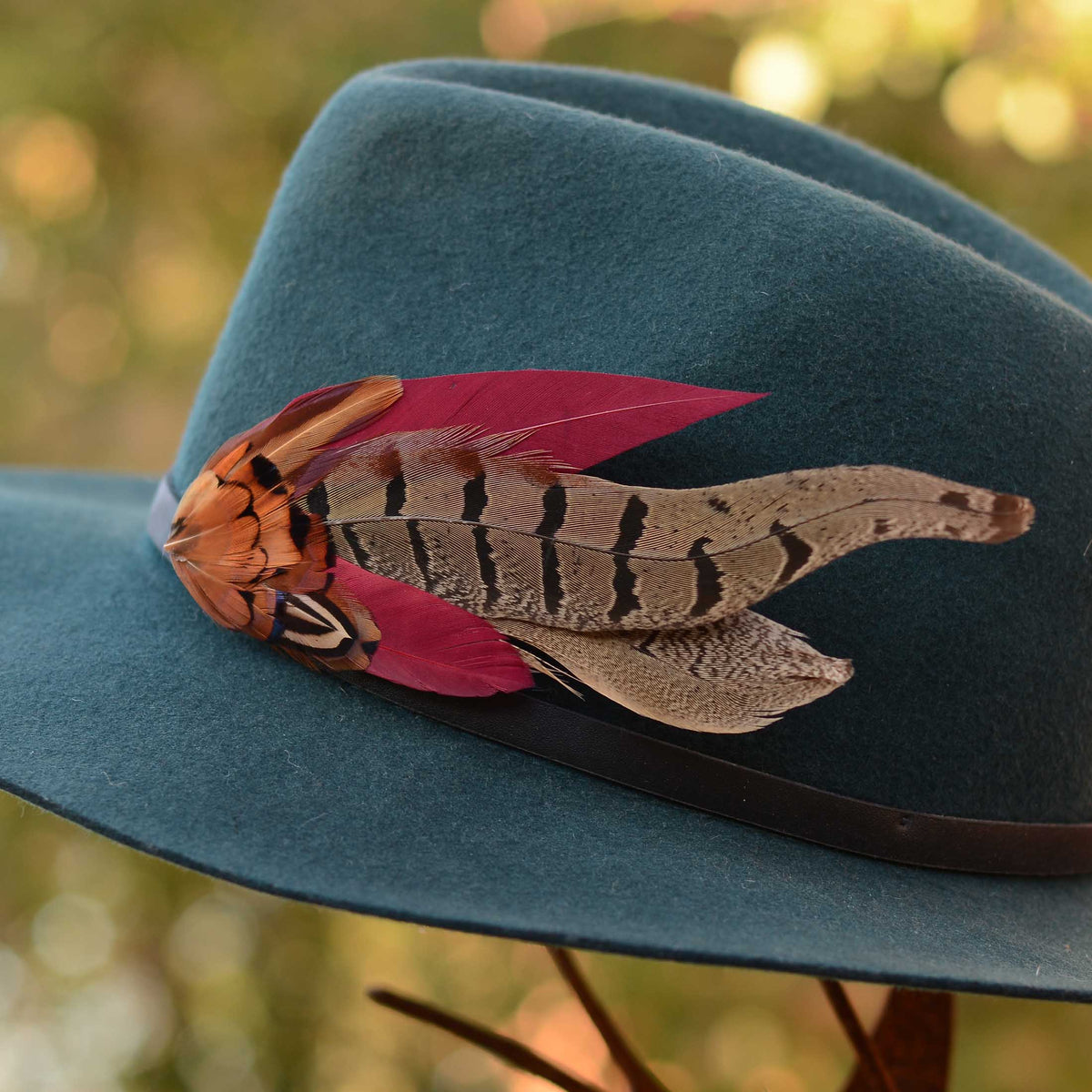 A close-up of a teal felt hat with a black band and a decorative feather hat pin accent featuring brown patterned pheasant feathers and burgundy feathers, set against a blurred outdoor background.