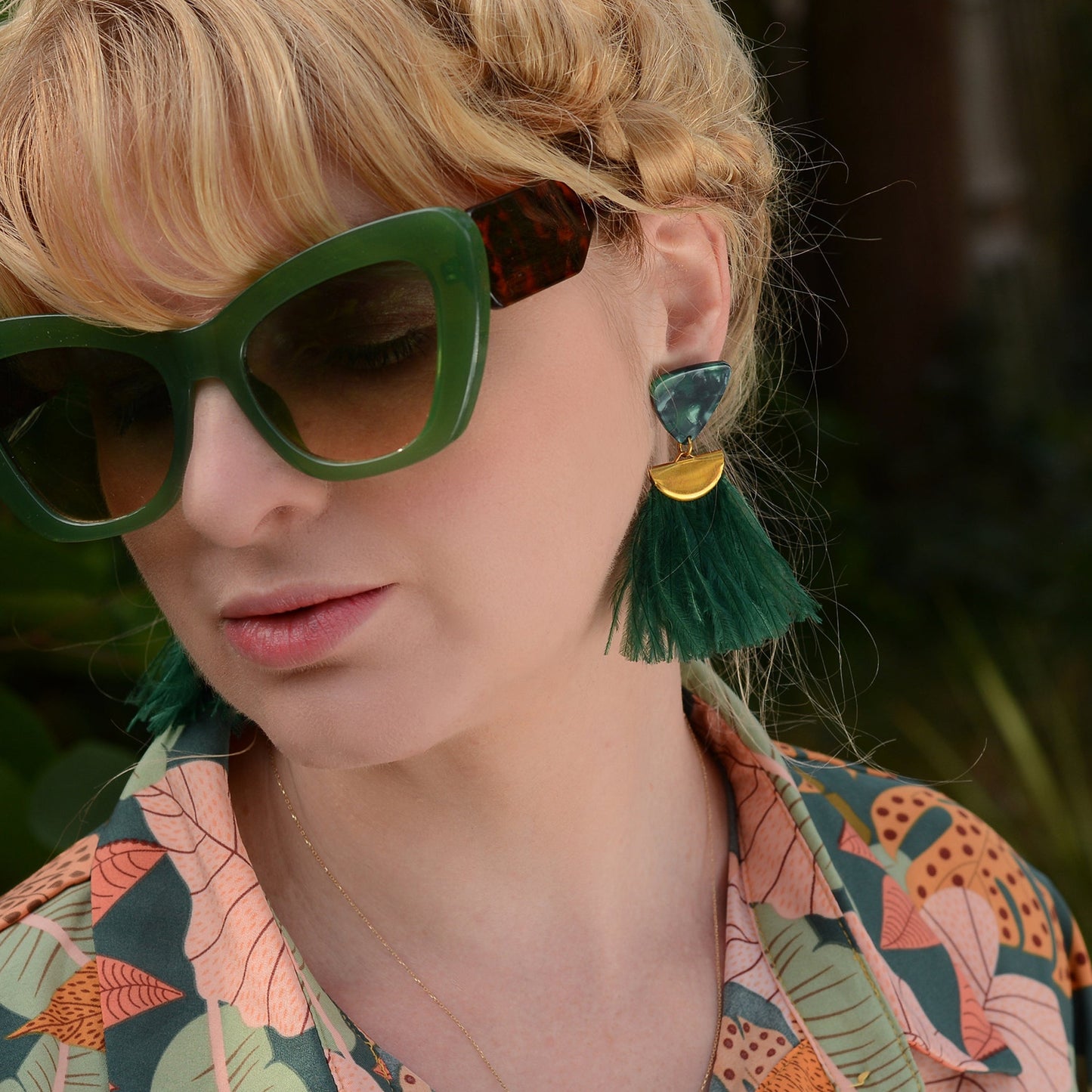 Statement Green Ostrich Feather Tassel Earrings