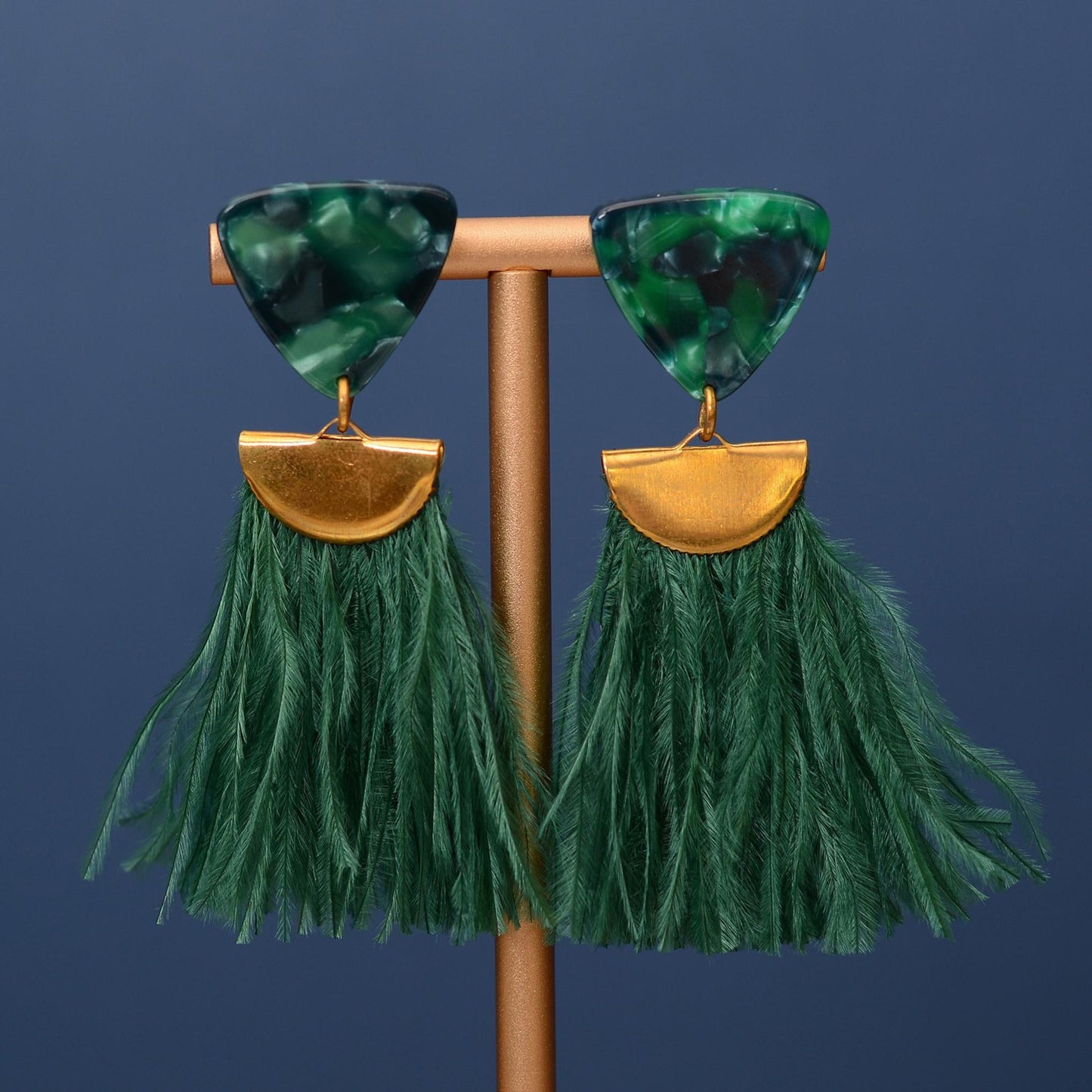 Rich Green Triangle Acetate and Ostrich Feather Tassel Earrings