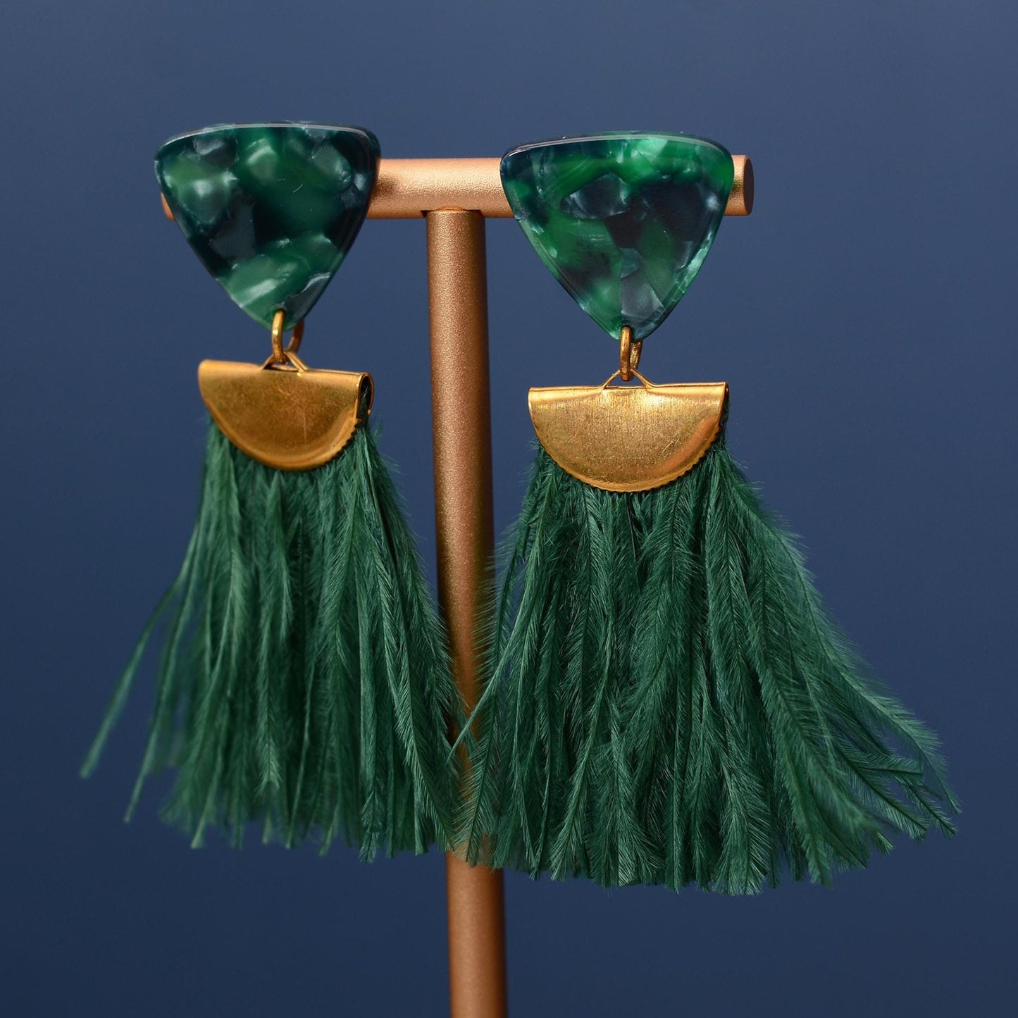 Rich Green Triangle Acetate and Ostrich Feather Tassel Earrings