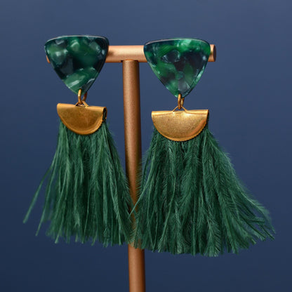 Rich Green Triangle Acetate and Ostrich Feather Tassel Earrings