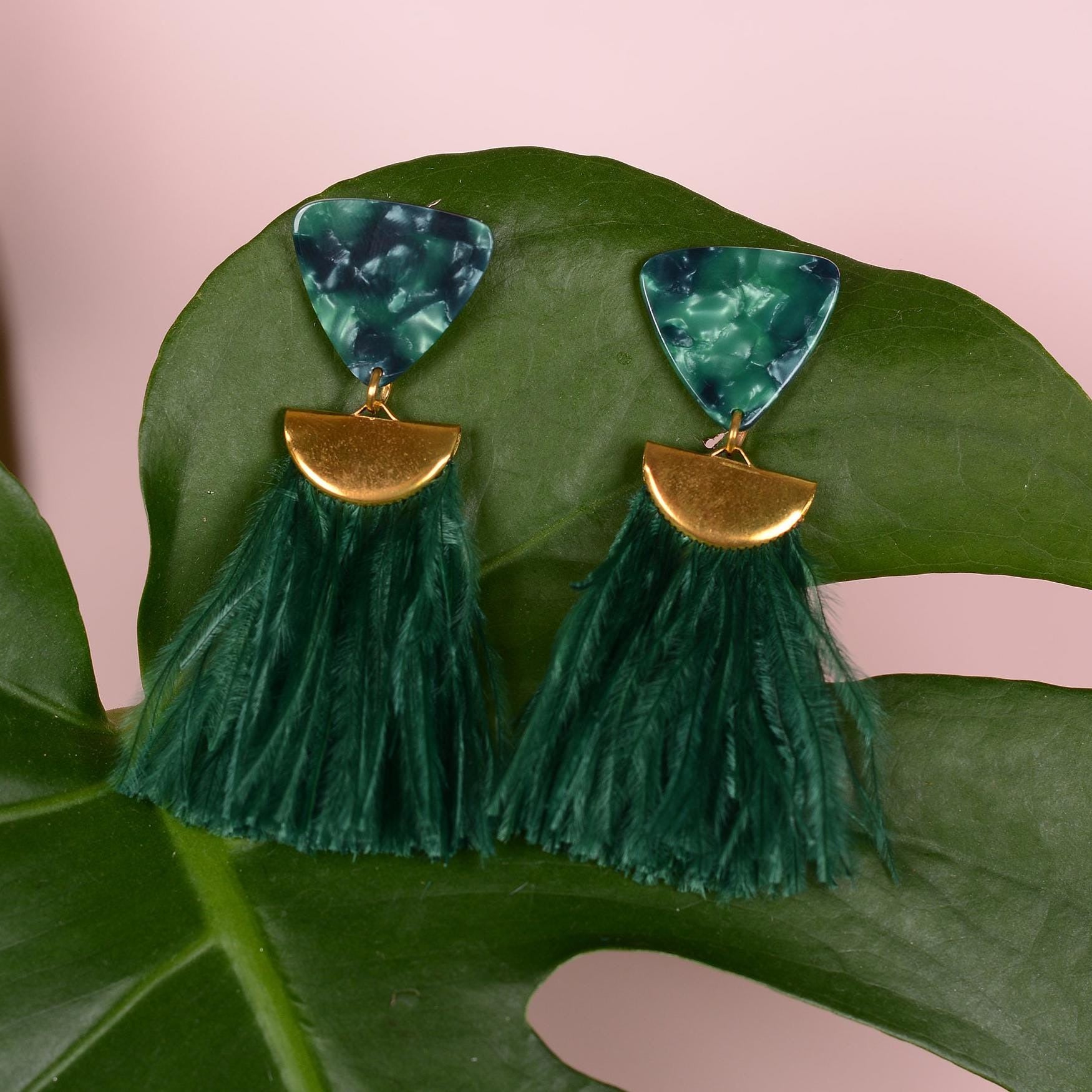 Rich Green Triangle Acetate and Ostrich Feather Tassel Earrings