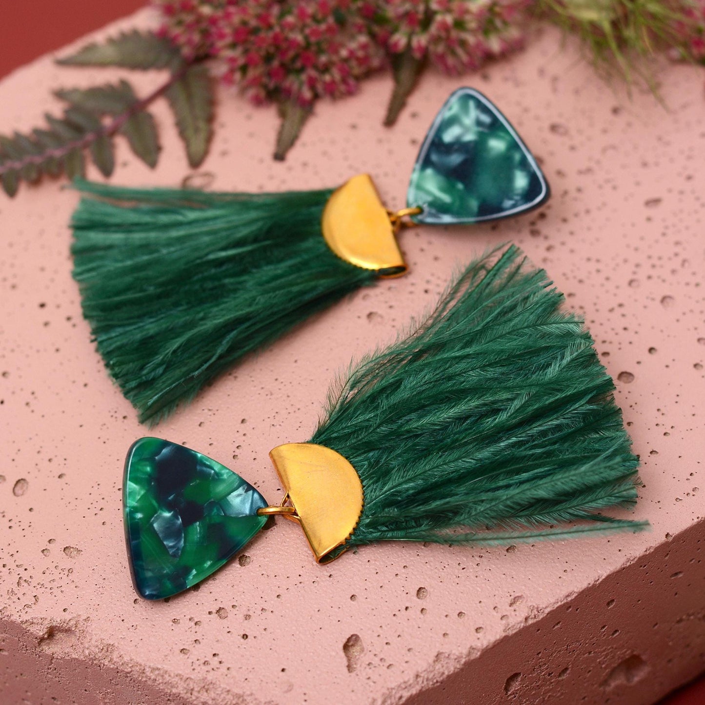 Rich Green Triangle Acetate and Ostrich Feather Tassel Earrings