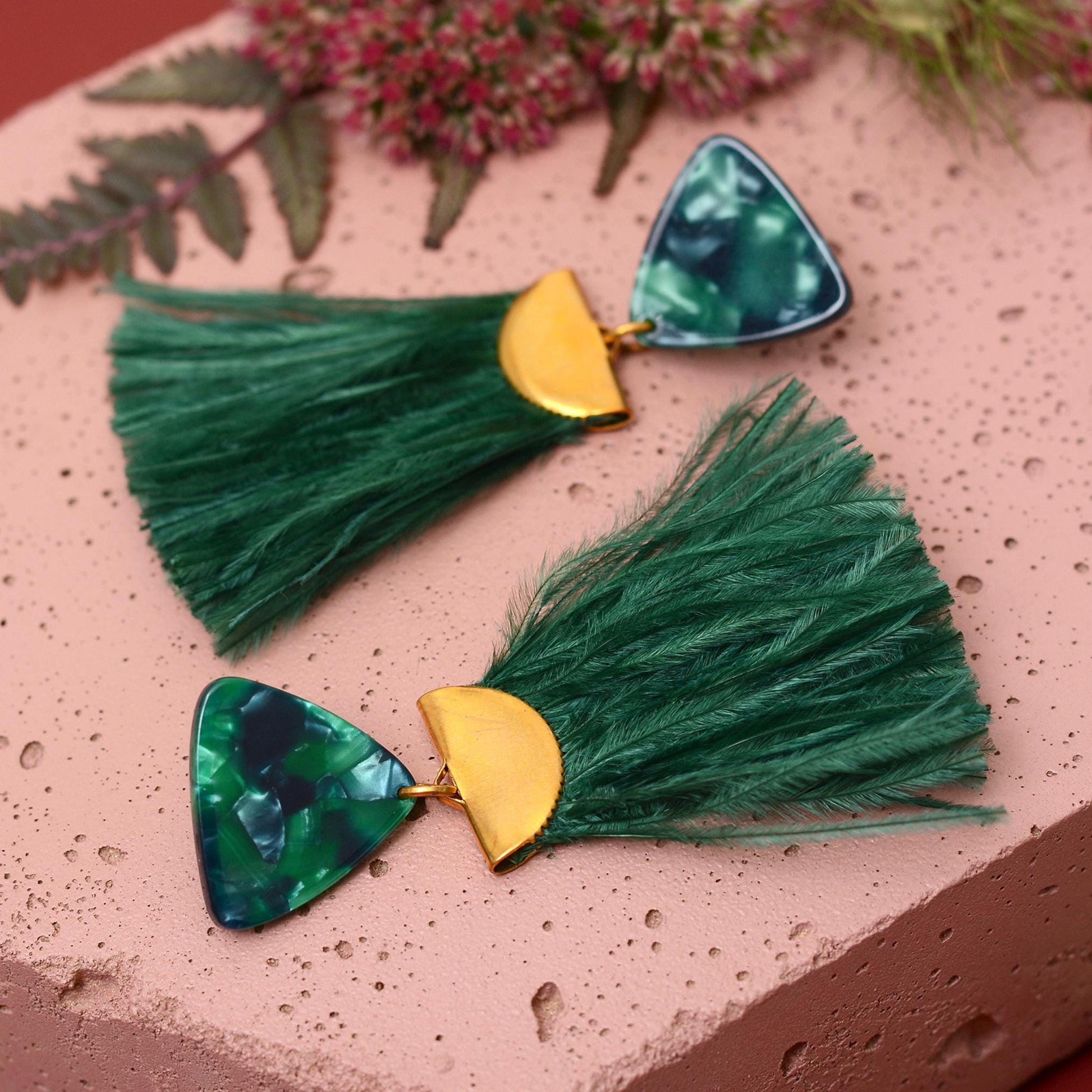 Rich Green Triangle Acetate and Ostrich Feather Tassel Earrings