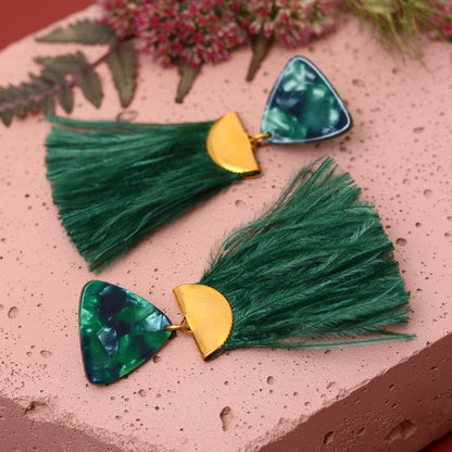 Rich Green Triangle Acetate and Ostrich Feather Tassel Earrings
