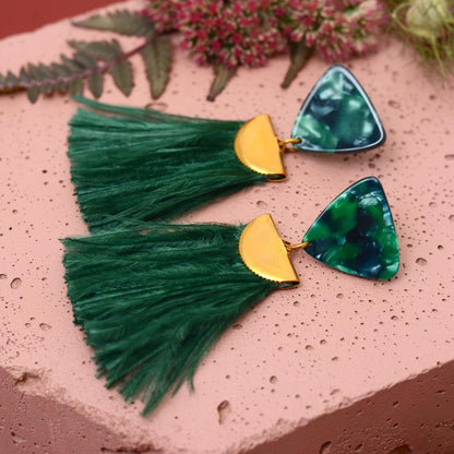 Rich Green Triangle Acetate and Ostrich Feather Tassel Earrings