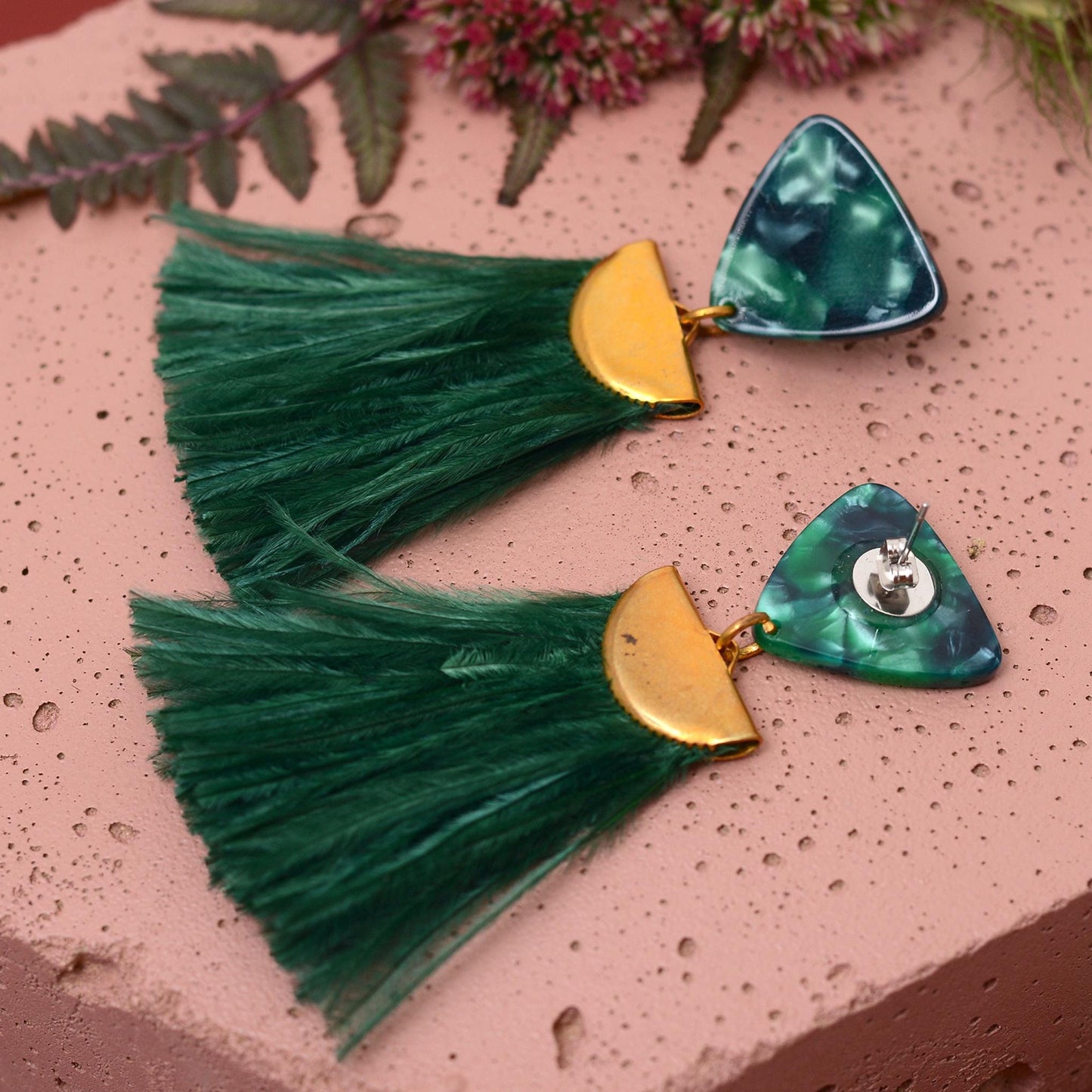 Rich Green Triangle Acetate and Ostrich Feather Tassel Earrings