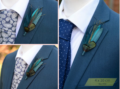 Collage of a blue suit with a teal feathered boutonniere shown from different angles.
