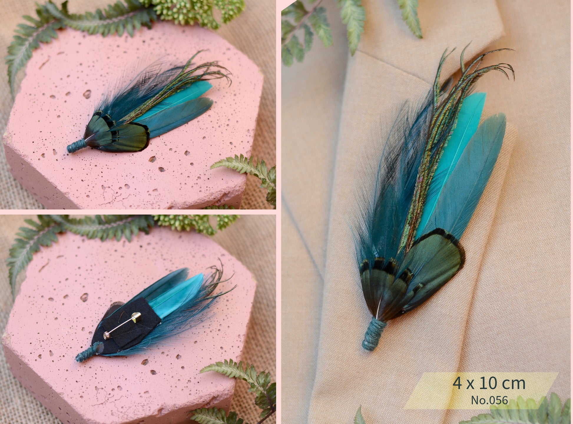Teal feathered brooch on a pink stone and beige fabric background