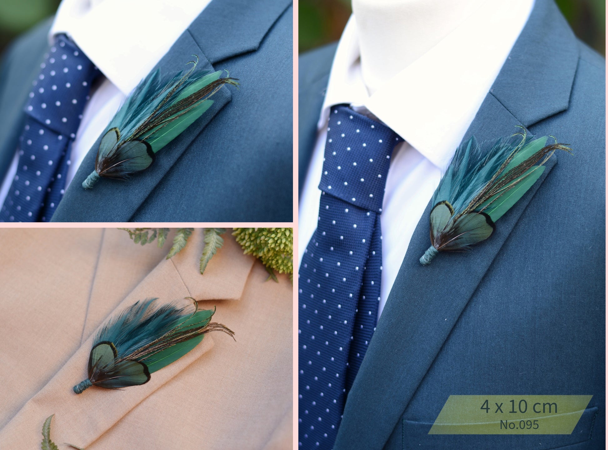 Green feather boutonniere on a blue suit jacket with a close-up of the boutonniere.