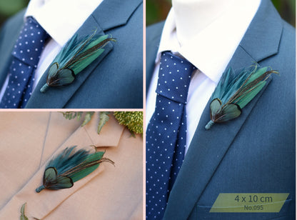 Green feather boutonniere on a blue suit jacket with a close-up of the boutonniere.
