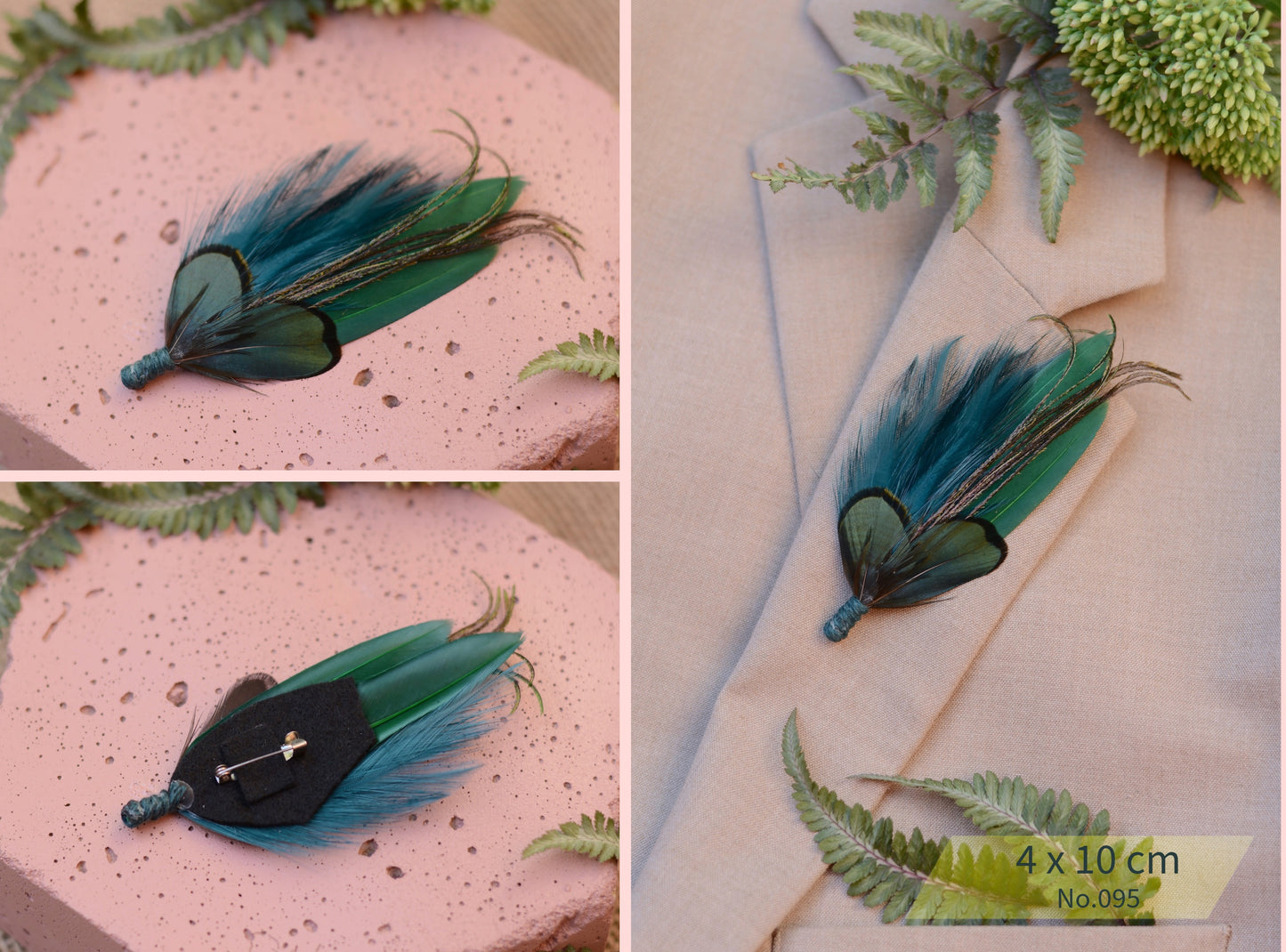 Green feathered brooch on a pink surface with a plant in the background