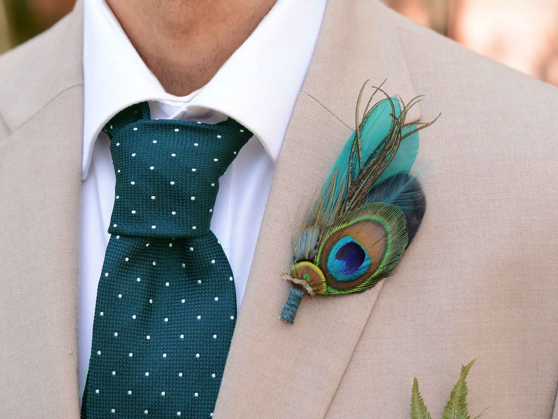 A close-up of a man's chest wearing a beige suit jacket, white dress shirt, and a dark green polka-dot tie, with a vibrant turquoise and green peacock feather boutonniere pinned to the left lapel.