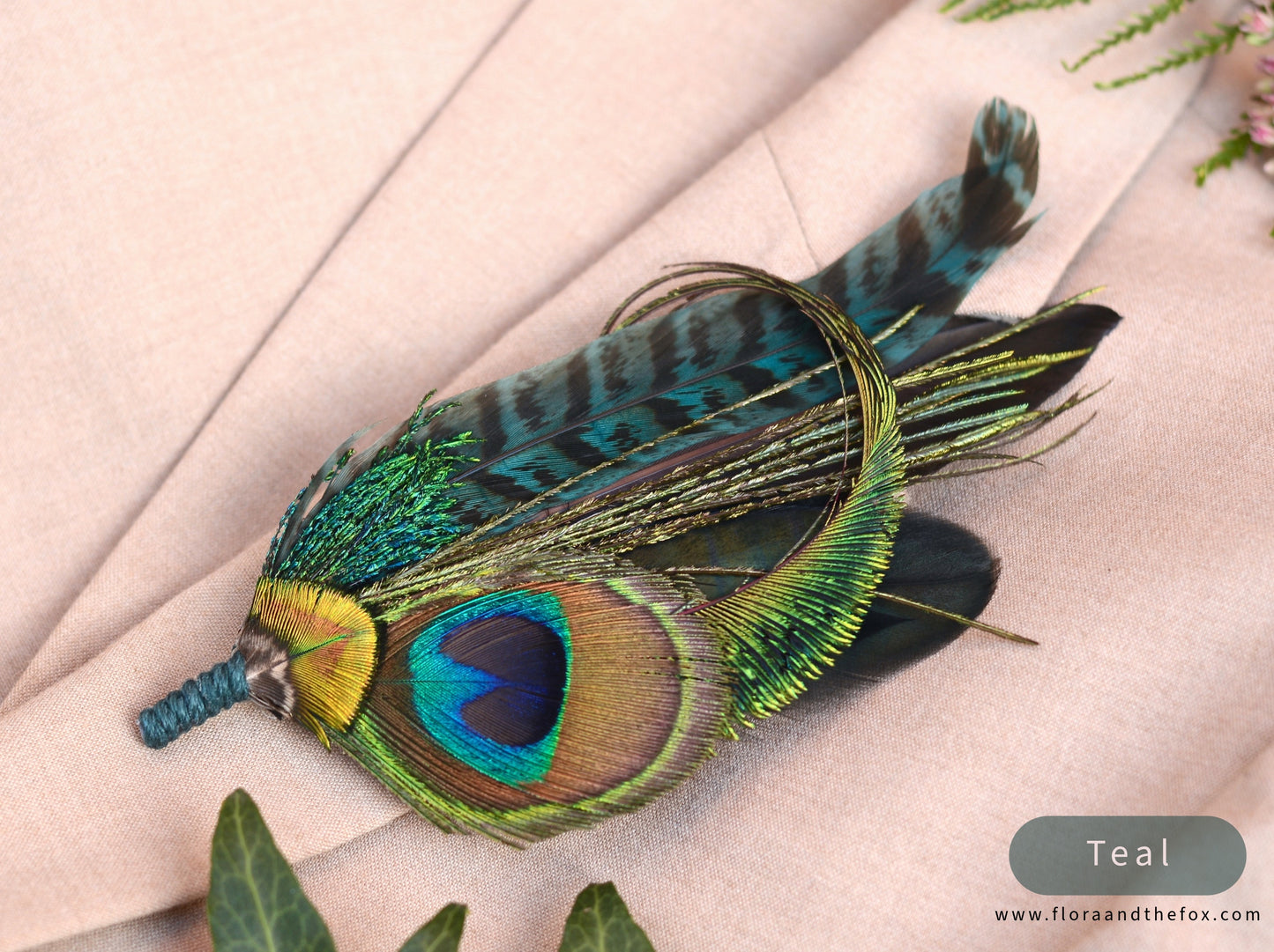 Large Peacock Feather Grooms Boutonniere / Hat Pin No.007 in Teal or Navy Blue