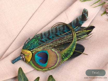 Large Peacock Feather Grooms Boutonniere / Hat Pin No.007 in Teal or Navy Blue