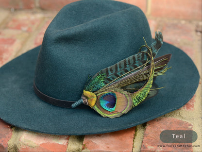Large Peacock Feather Grooms Boutonniere / Hat Pin No.007 in Teal or Navy Blue