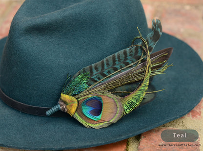 Large Peacock Feather Grooms Boutonniere / Hat Pin No.007 in Teal or Navy Blue