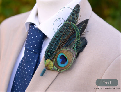 Large Peacock Feather Grooms Boutonniere / Hat Pin No.007 in Teal or Navy Blue