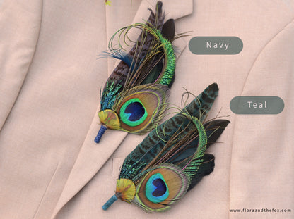 Large Peacock Feather Grooms Boutonniere / Hat Pin No.007 in Teal or Navy Blue