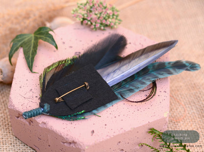 Large Peacock Feather Grooms Boutonniere / Hat Pin No.007 in Teal or Navy Blue
