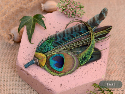 Large Peacock Feather Grooms Boutonniere / Hat Pin No.007 in Teal or Navy Blue