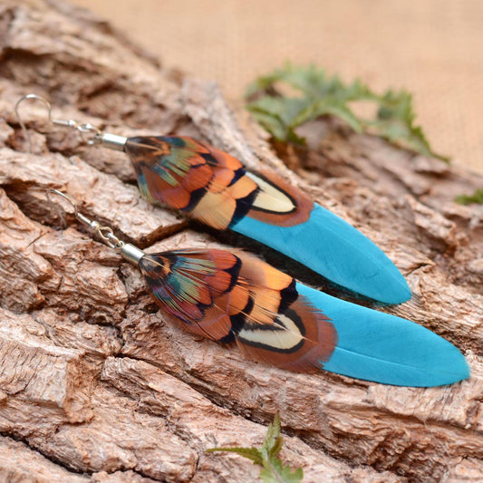 Long feather earrings in a vibrant teal turquoise layered with real male pheasant feathers in brown, copper and green. They are angled to catch the sunlight and show their glowing iridescence.  The earrings are lying on a natural bark background