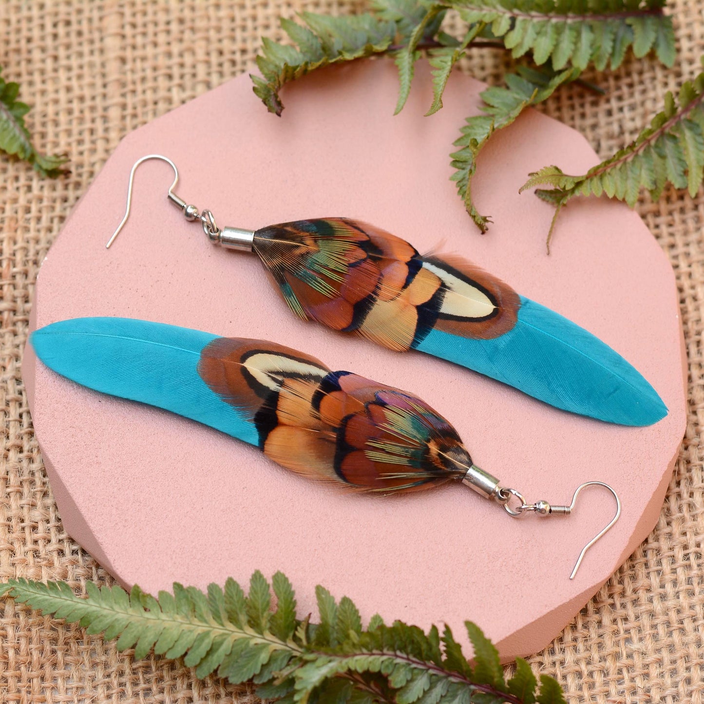 Teal and Copper Pheasant Feather Earrings