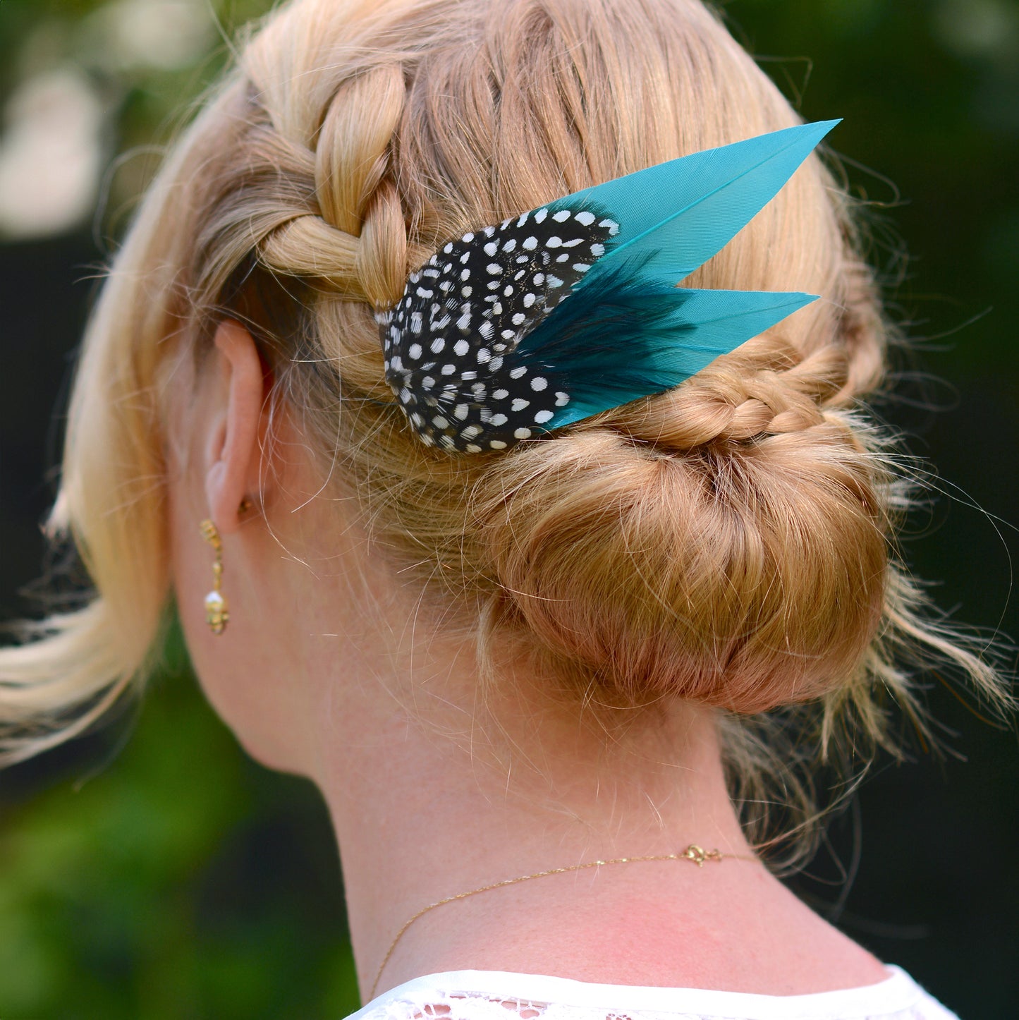 Teal Turquoise Feather Hair Clip with Spotted Feathers