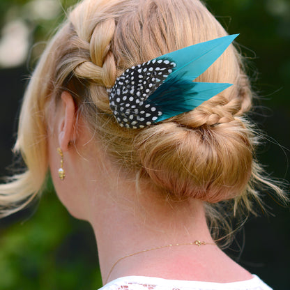 Teal Turquoise Feather Hair Clip with Spotted Feathers