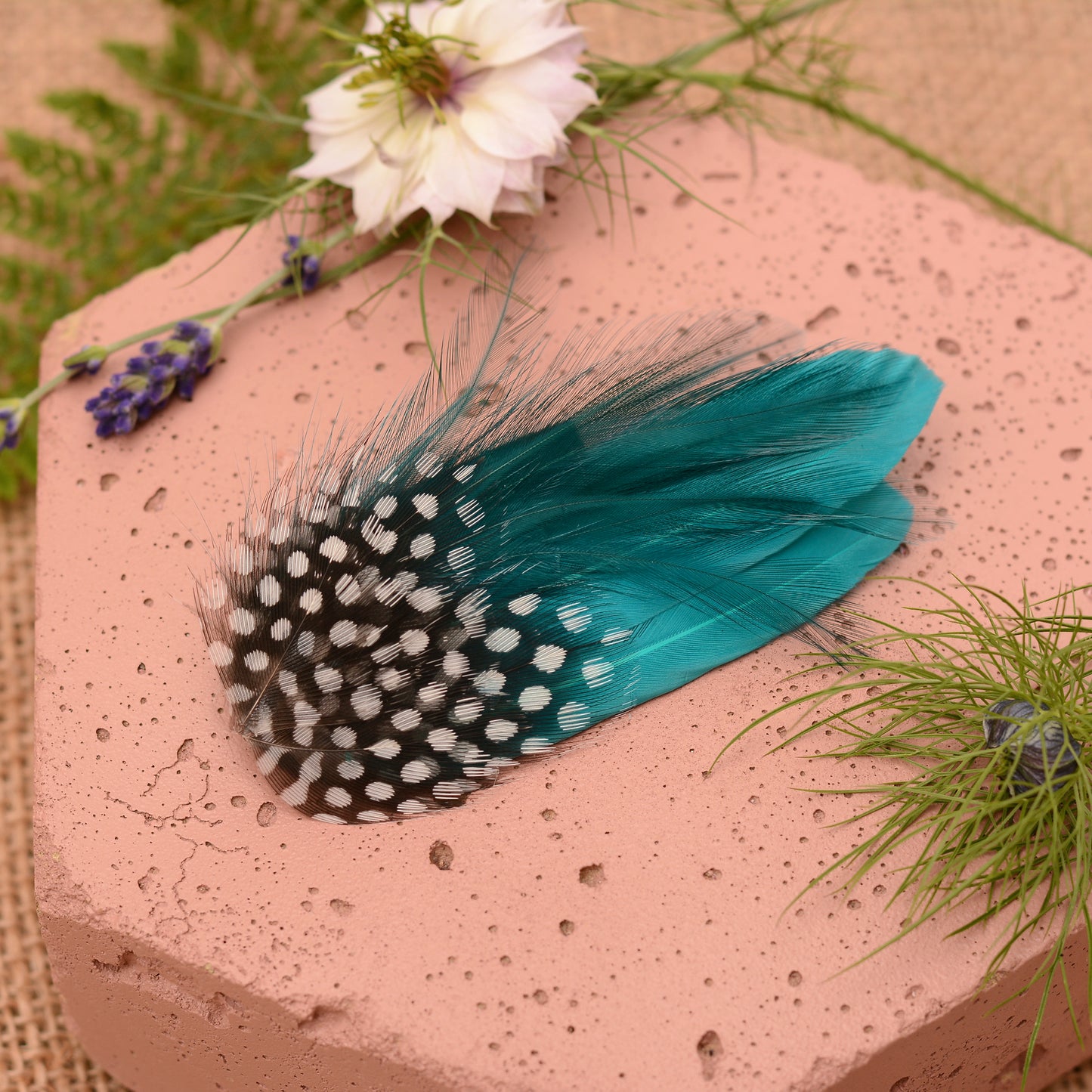 Teal and polka dot feather hair clip on a pink stone surface with flowers and plants.