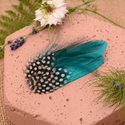 Teal and polka dot feather hair clip on a pink stone surface with flowers and plants.