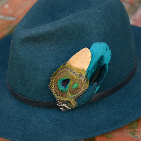 Teal and Gold Peacock Feather Lapel Pin / Hat Pin No.98