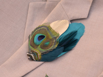 Teal and Gold Peacock Feather Lapel Pin / Hat Pin No.98
