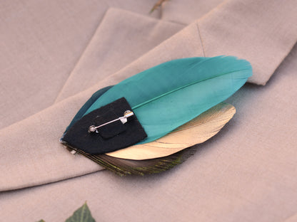 Teal and Gold Peacock Feather Lapel Pin / Hat Pin No.98