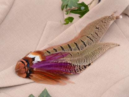 Plum and Copper Pheasant Feather Hat Pin Brooch No.119