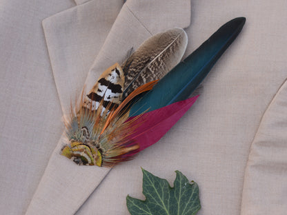 Pheasant Feather Hat Pin in Copper, Green and Crimson No.141