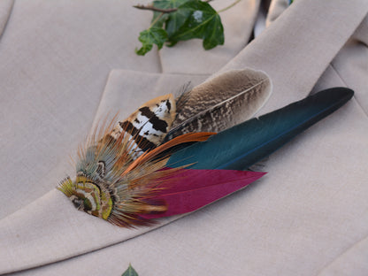 Pheasant Feather Hat Pin in Copper, Green and Crimson No.141