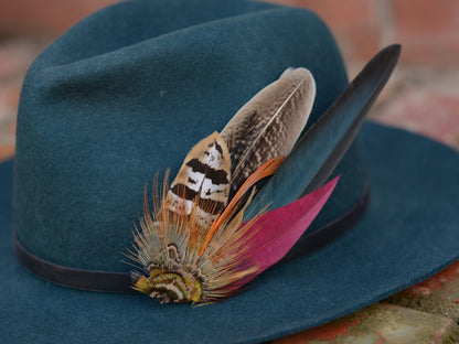 Pheasant Feather Hat Pin in Copper, Green and Crimson No.141