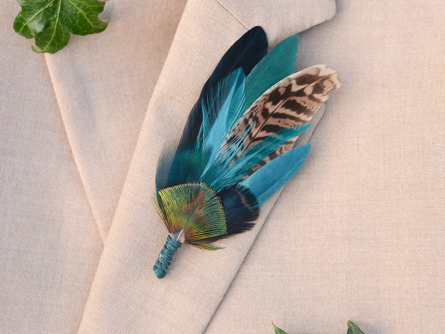 Green, Teal and Black Pheasant Feather Lapel Pin No.240