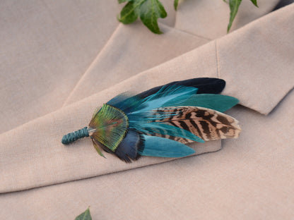 Green, Teal and Black Pheasant Feather Lapel Pin No.240