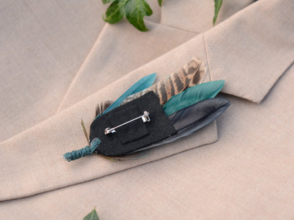 Green, Teal and Black Pheasant Feather Lapel Pin No.240